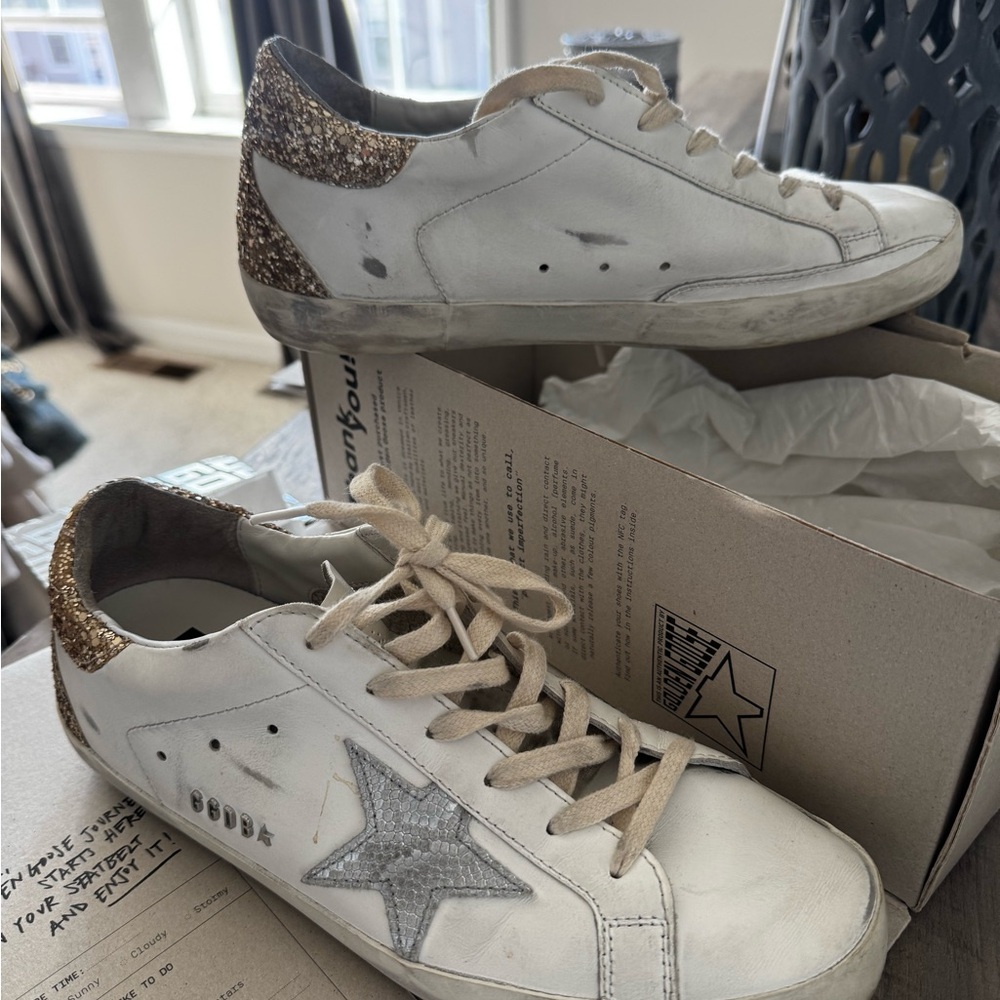Golden Goose Women's White and Gold Glitter Sneakers